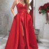 A-line Sleeveless V Neck Long/Floor-Length Satin Prom Dresses With Split Pockets-0