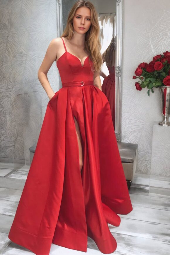 A-line Sleeveless V Neck Long/Floor-Length Satin Prom Dresses With Split Pockets-0 A-line Sleeveless V Neck Long/Floor-Length Satin Prom Dresses With Split Pockets-0