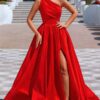 A-line One-Shoulder Satin Prom Dress With Pleated Split-0