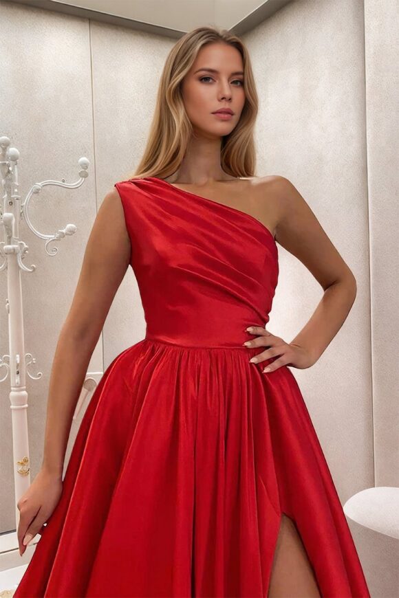 A-line One-Shoulder Satin Prom Dress With Pleated Split-774 A-line One-Shoulder Satin Prom Dress With Pleated Split-774