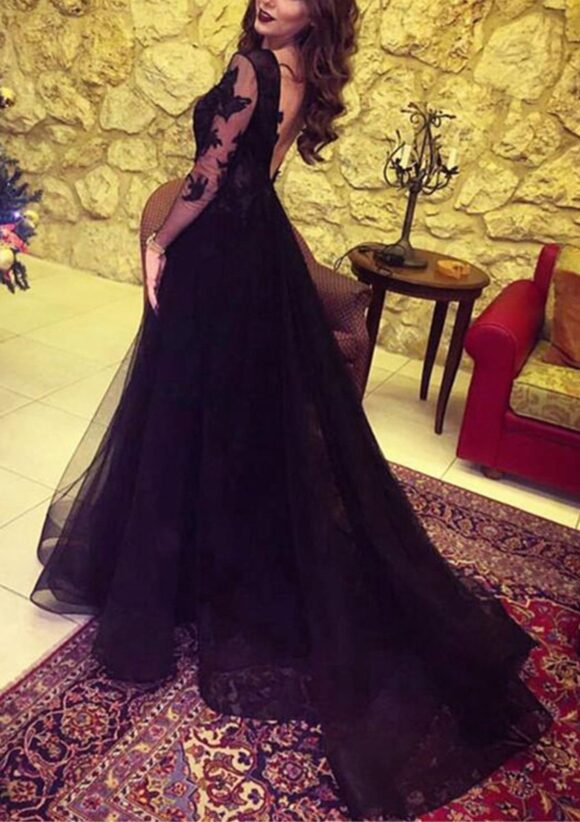 Ball Gown Long Sleeves V-neck Floor-Length Tulle Applique Dresses Ball Gown Long Sleeves V-neck Floor-Length Tulle Applique Dresses