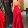 A-line/Princess Halter Sleeveless Sweep Train Charmeuse Prom Dresses With Split