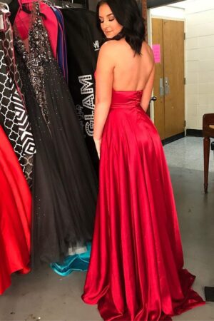 A-line/Princess Halter Sleeveless Sweep Train Charmeuse Prom Dresses With Split