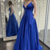 A-line V Neck Spaghetti Straps Sweep Train Charmeuse Prom Dresses With Pockets