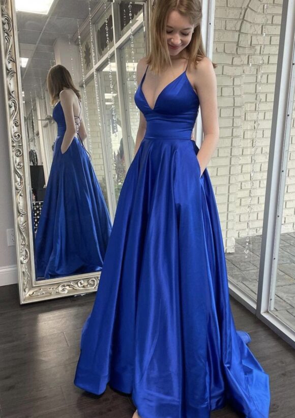 A-line V Neck Spaghetti Straps Sweep Train Charmeuse Prom Dresses With Pockets A-line V Neck Spaghetti Straps Sweep Train Charmeuse Prom Dresses With Pockets