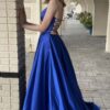A-line V Neck Spaghetti Straps Sweep Train Charmeuse Prom Dresses With Pockets