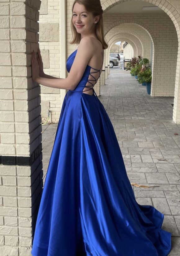 A-line V Neck Spaghetti Straps Sweep Train Charmeuse Prom Dresses With Pockets A-line V Neck Spaghetti Straps Sweep Train Charmeuse Prom Dresses With Pockets