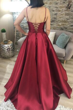 A-line V Neck Spaghetti Straps Long/Floor-Length Charmeuse Prom Dresses With Pockets