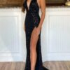 Sheath/Column V Neck Sleeveless Court Train Velvet Sequins Prom Dresses With Split