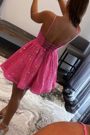 A-line V Neck Sleeveless Short/Mini Sequined Homecoming Dress with Pockets