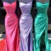 Sheath/Column Elastic Woven Satin Ruched Spaghetti Straps Sleeveless Sweep/Brush Train Prom Dresses-775