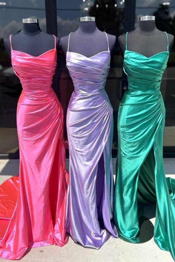 Sheath/Column Elastic Woven Satin Ruched Spaghetti Straps Sleeveless Sweep/Brush Train Prom Dresses-775 Sheath/Column Elastic Woven Satin Ruched Spaghetti Straps Sleeveless Sweep/Brush Train Prom Dresses-775