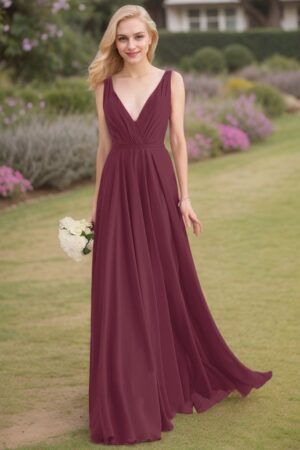 A-Line/Princess V-neck Sleeveless Ruched Floor-Length Chiffon Bridesmaid Dresses