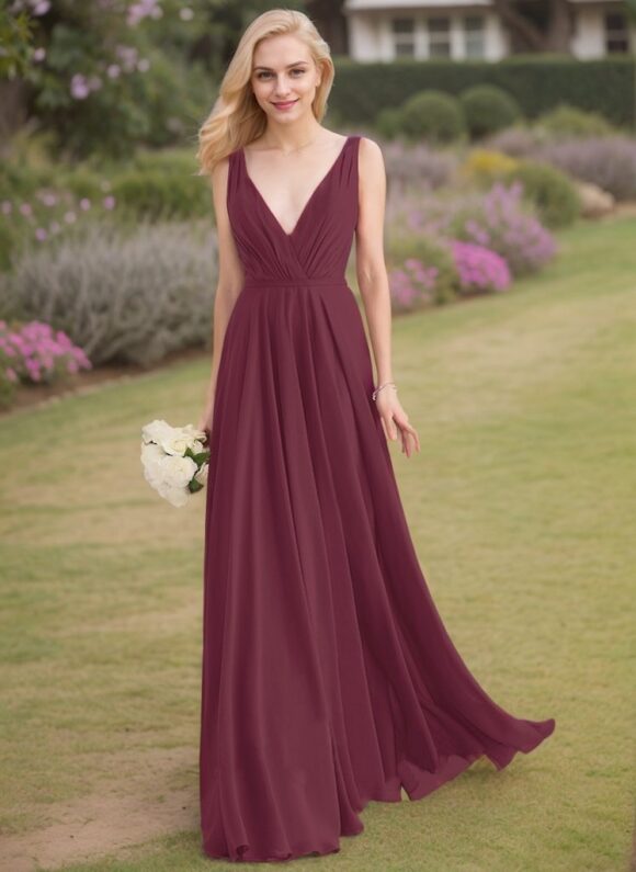 A-Line/Princess V-neck Sleeveless Ruched Floor-Length Chiffon Bridesmaid Dresses A-Line/Princess V-neck Sleeveless Ruched Floor-Length Chiffon Bridesmaid Dresses
