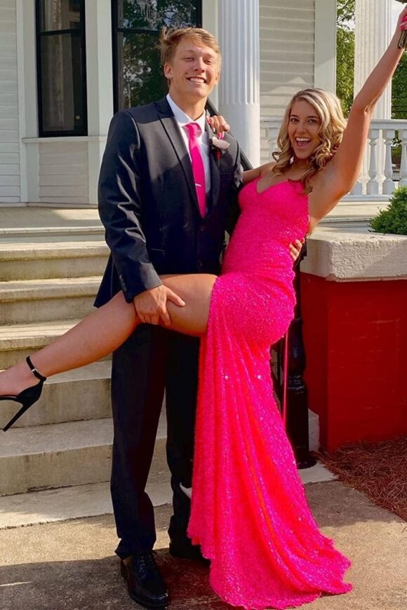 Trumpet/Mermaid V Neck Sleeveless Sweep Train Allover Sparkly Sequined Prom Dress With Split-869 Trumpet/Mermaid V Neck Sleeveless Sweep Train Allover Sparkly Sequined Prom Dress With Split-869