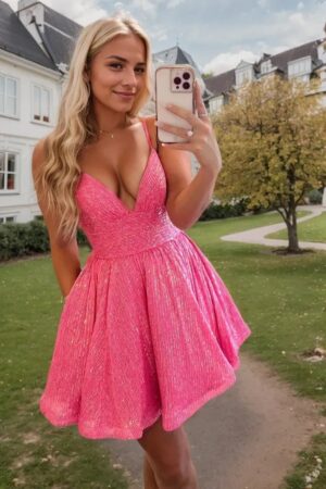 A-line V Neck Sleeveless Short/Mini Sequined Homecoming Dress with Pockets