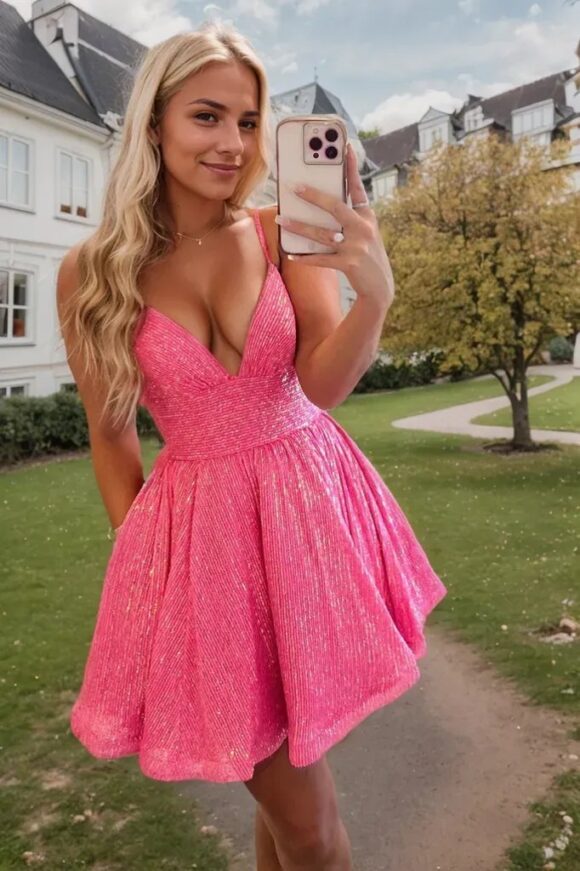 A-line V Neck Sleeveless Short/Mini Sequined Homecoming Dress with Pockets A-line V Neck Sleeveless Short/Mini Sequined Homecoming Dress with Pockets