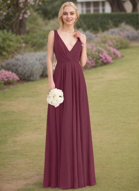 A-Line/Princess V-neck Sleeveless Ruched Floor-Length Chiffon Bridesmaid Dresses A-Line/Princess V-neck Sleeveless Ruched Floor-Length Chiffon Bridesmaid Dresses