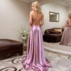A-line V Neck Sleeveless Charmeuse Sweep Train Prom Dress With Split