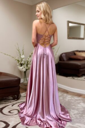 A-line V Neck Sleeveless Charmeuse Sweep Train Prom Dress With Split