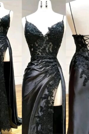 Sheath/Column Black Long Prom Dress Lace V Neck Formal Dresses High split