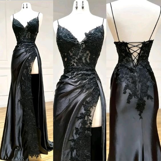 Sheath/Column Black Long Prom Dress Lace V Neck Formal Dresses High split Sheath/Column Black Long Prom Dress Lace V Neck Formal Dresses High split