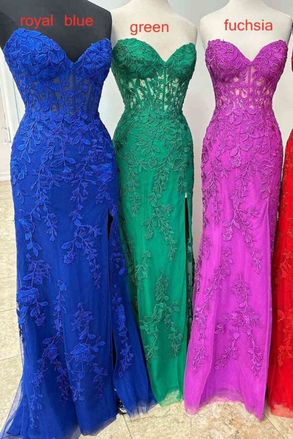 Sheath/Column Tulle Applique Sweetheart Sleeveless Sweep/Brush Train Prom Dresses-577 Sheath/Column Tulle Applique Sweetheart Sleeveless Sweep/Brush Train Prom Dresses-577
