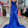 Sheath/Column Elastic Woven Satin Ruched Off-the-Shoulder Sleeveless Sweep/Brush Train Prom Dresses