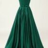 A-line Off-the-Shoulder Sweep Train Satin Prom Dresses With Pleated Pockets Split-776