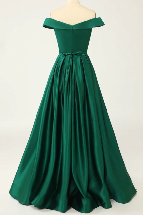 A-line Off-the-Shoulder Sweep Train Satin Prom Dresses With Pleated Pockets Split-776 A-line Off-the-Shoulder Sweep Train Satin Prom Dresses With Pleated Pockets Split-776