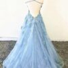 A-Line/Princess Tulle Applique Spaghetti Straps Sleeveless Sweep/Brush Train Prom Dresses