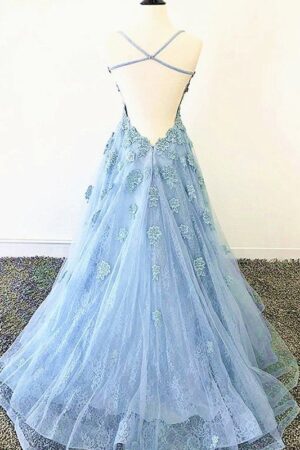 A-Line/Princess Tulle Applique Spaghetti Straps Sleeveless Sweep/Brush Train Prom Dresses