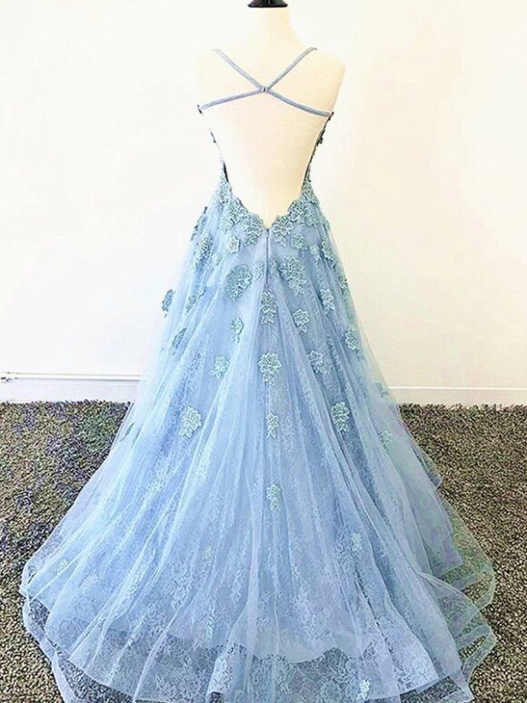 A-Line/Princess Tulle Applique Spaghetti Straps Sleeveless Sweep/Brush Train Prom Dresses A-Line/Princess Tulle Applique Spaghetti Straps Sleeveless Sweep/Brush Train Prom Dresses