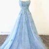 A-Line/Princess Tulle Applique Spaghetti Straps Sleeveless Sweep/Brush Train Prom Dresses