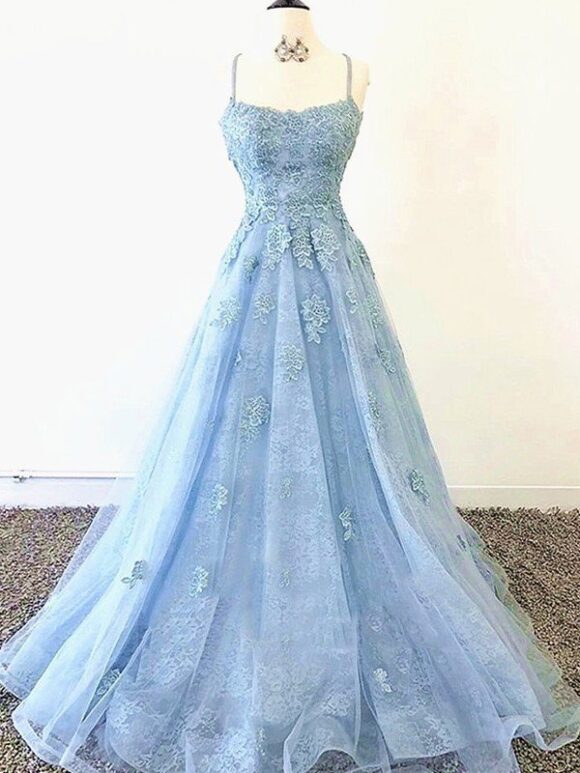 A-Line/Princess Tulle Applique Spaghetti Straps Sleeveless Sweep/Brush Train Prom Dresses A-Line/Princess Tulle Applique Spaghetti Straps Sleeveless Sweep/Brush Train Prom Dresses