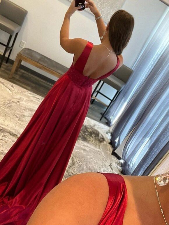 A-Line/Princess Elastic Woven Silk Applique V-neck Sleeveless Sweep/Brush Train Prom Dresses A-Line/Princess Elastic Woven Silk Applique V-neck Sleeveless Sweep/Brush Train Prom Dresses