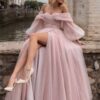 A-Line/Princess Tulle Ruched Off-the-Shoulder Long Sleeves Sweep/Brush Train Dresses