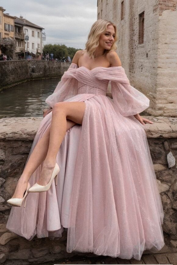 A-Line/Princess Tulle Ruched Off-the-Shoulder Long Sleeves Sweep/Brush Train Dresses A-Line/Princess Tulle Ruched Off-the-Shoulder Long Sleeves Sweep/Brush Train Dresses