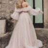 A-Line/Princess Tulle Ruched Off-the-Shoulder Long Sleeves Sweep/Brush Train Dresses