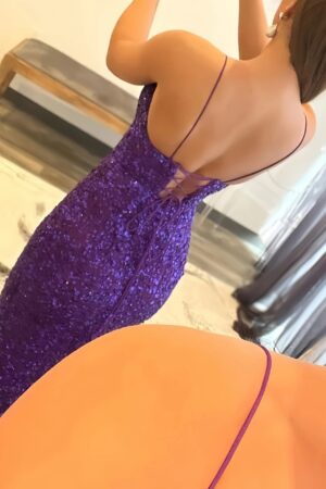 Trumpet/Mermaid V Neck Sleeveless Sweep Train Allover Sparkly Sequined Prom Dress With Split