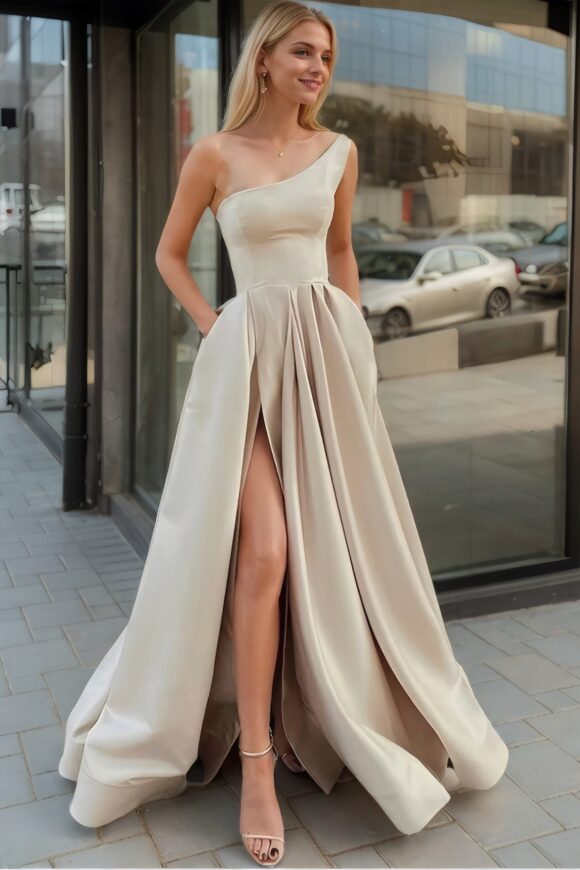 A-Line/Princess Satin Ruffles One-Shoulder Sleeveless Floor-Length Dresses A-Line/Princess Satin Ruffles One-Shoulder Sleeveless Floor-Length Dresses