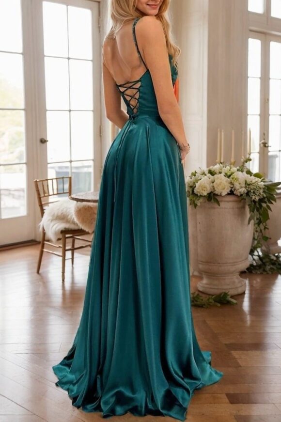 A-line/Princess Square Neckline Sleeveless Sweep Train Charmeuse Prom Dress With Split A-line/Princess Square Neckline Sleeveless Sweep Train Charmeuse Prom Dress With Split