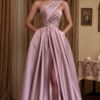A-line One-Shoulder Sleeveless Sweep Train Satin Prom Dresses With Split Pleated