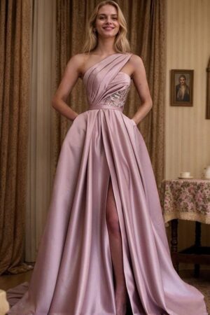 A-line One-Shoulder Sleeveless Sweep Train Satin Prom Dresses With Split Pleated