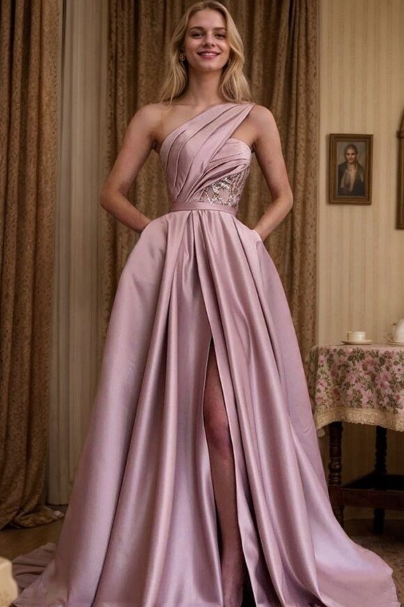 A-line One-Shoulder Sleeveless Sweep Train Satin Prom Dresses With Split Pleated A-line One-Shoulder Sleeveless Sweep Train Satin Prom Dresses With Split Pleated