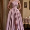 A-line One-Shoulder Sleeveless Sweep Train Satin Prom Dresses With Split Pleated