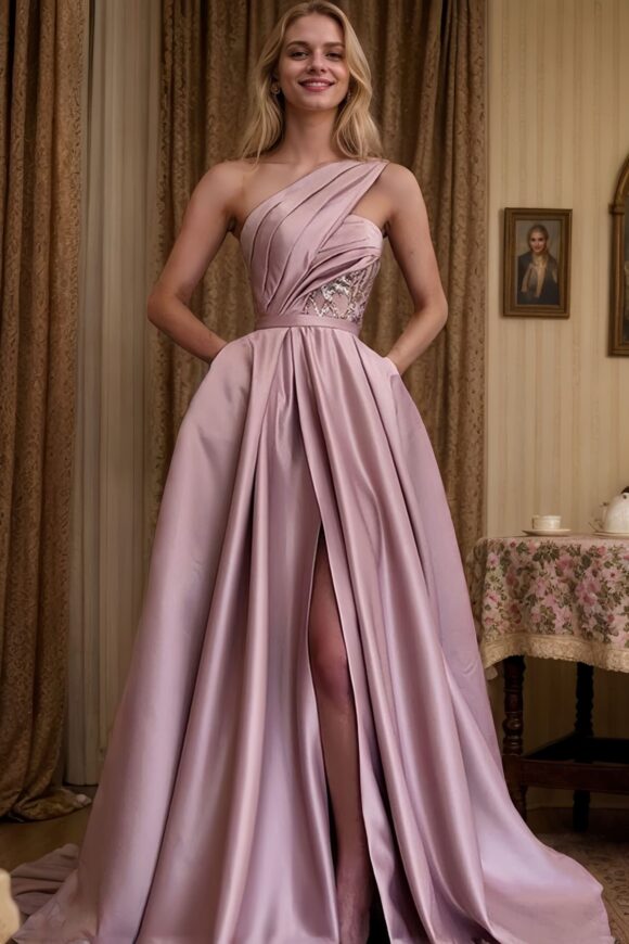 A-line One-Shoulder Sleeveless Sweep Train Satin Prom Dresses With Split Pleated A-line One-Shoulder Sleeveless Sweep Train Satin Prom Dresses With Split Pleated