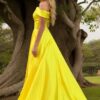 A-line/Princess Off-the-Shoulder Sleeveless Sweep Train Satin Prom Dresses With Low Back