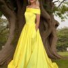 A-line/Princess Off-the-Shoulder Sleeveless Sweep Train Satin Prom Dresses With Low Back