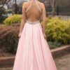 A-line/Princess High-Neck Sleeveless Sweep Train Satin Prom Dresses With Waistband Beading